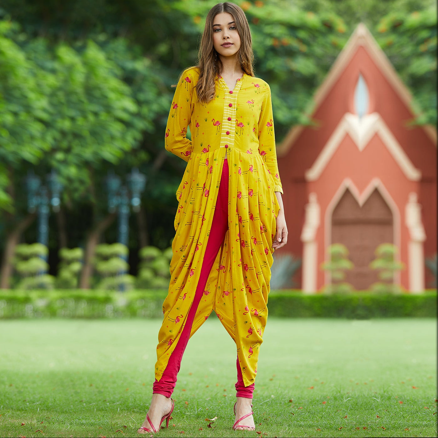 Yellow Drappy Flamingo Printed Kurta