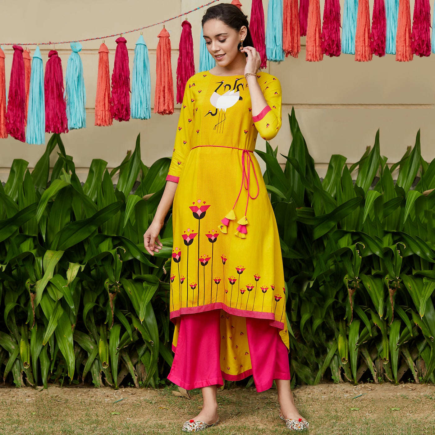 Yellow Dori Asymmetric Flamingo Printed Kurta