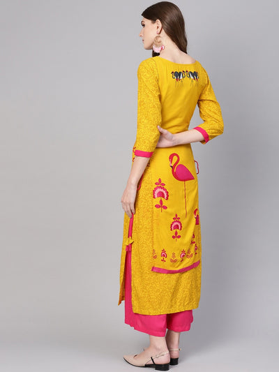 Yellow Side Dori Flamingo Printed Kurta