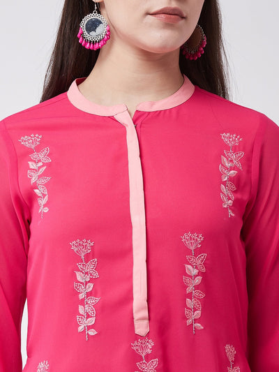 Pink Georgette Allover Embroidered Layered Kurta