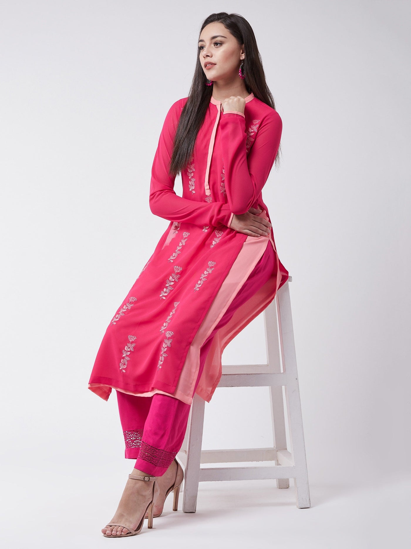 Pink Georgette Allover Embroidered Layered Kurta