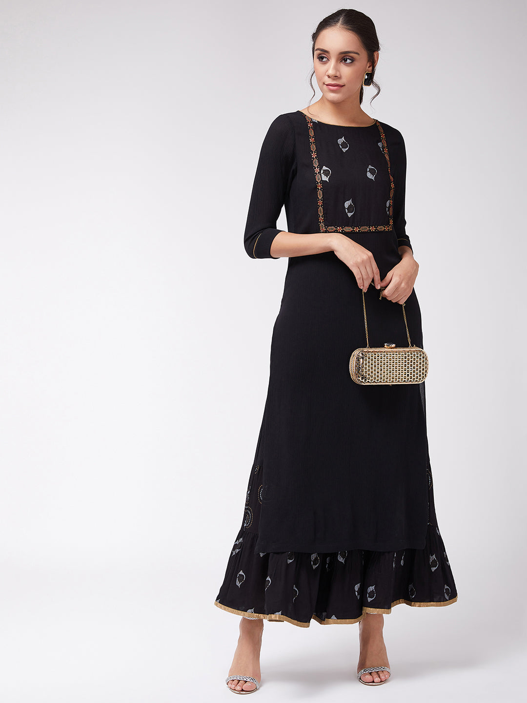 Black Foil Printed Straight Fit Kurta