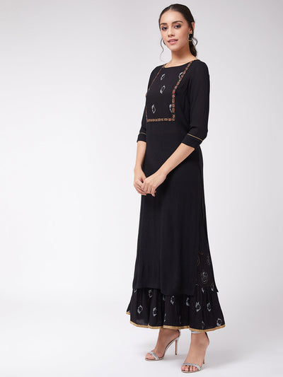 Black Foil Printed Straight Fit Kurta