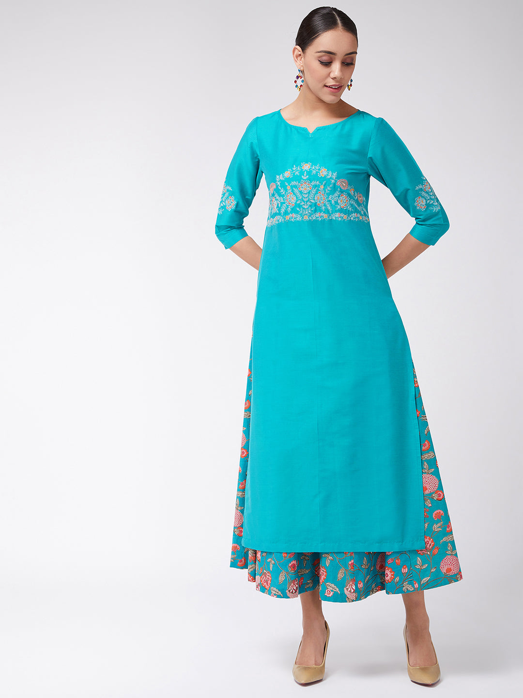 Embroidered 3/4th Sleeves Semi-Festive Kurta