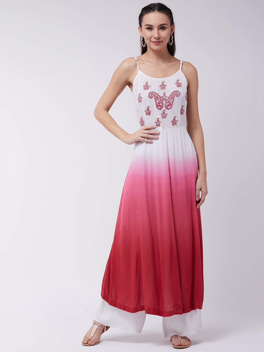 Ombre Embroidered Strappy Tiered Kurta