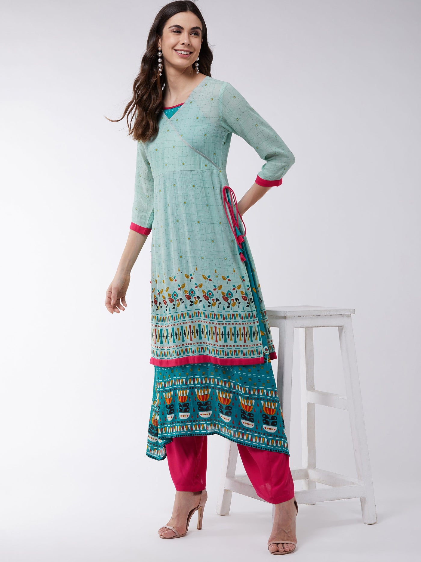 Pastel Printed Angarkha Double Layer Kurta