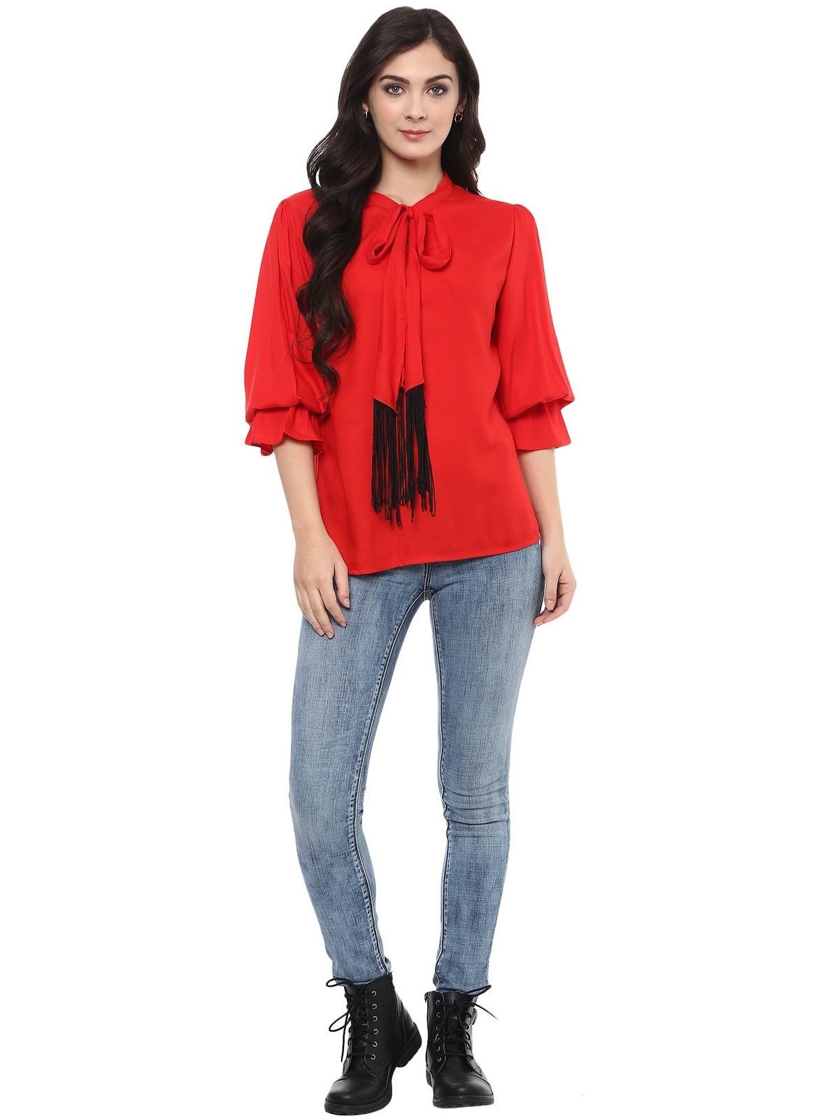 Pannkh Women's Solid Tie-Up Top With Fringes