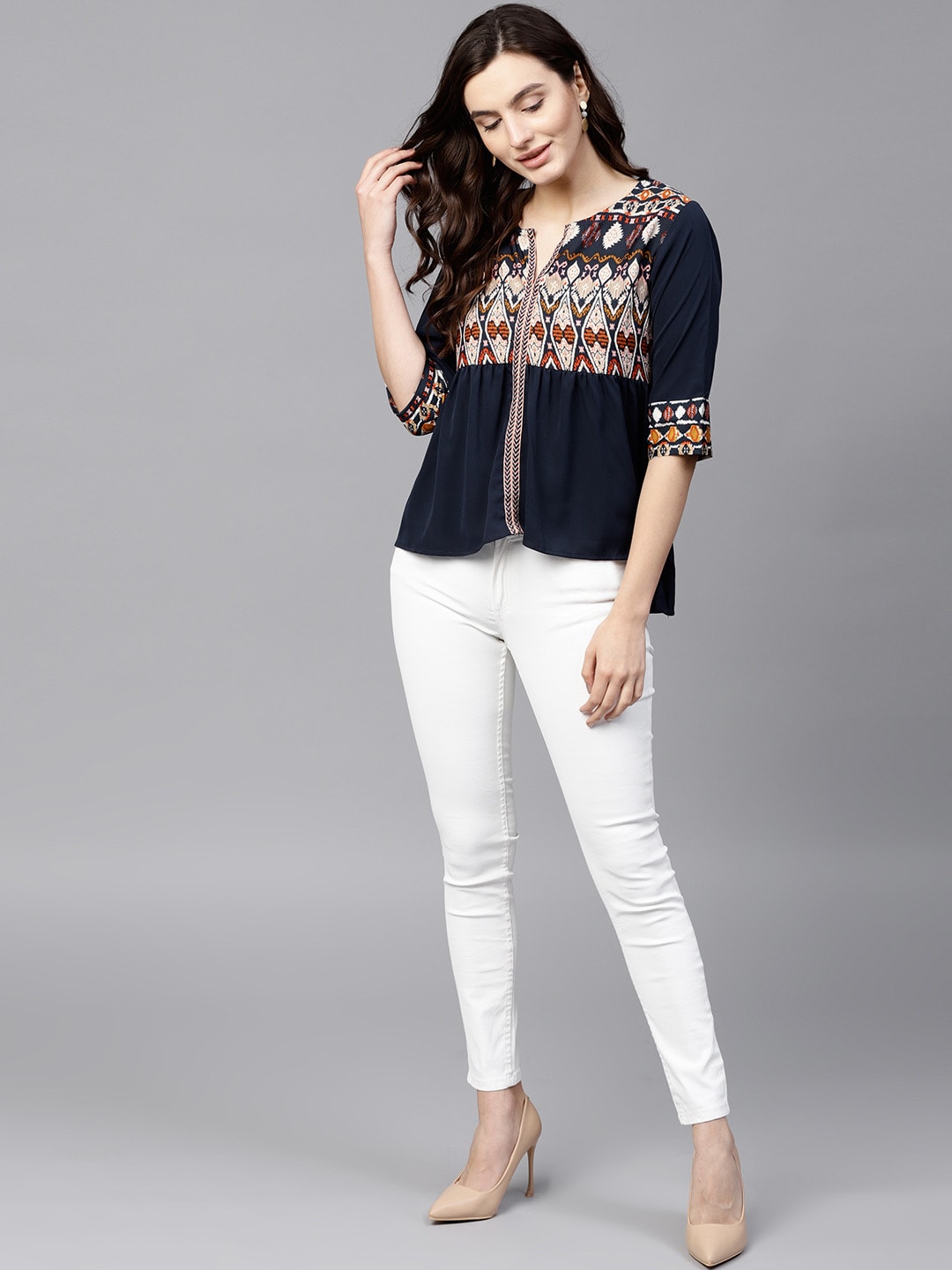 Navy Blue Printed Yoke Top