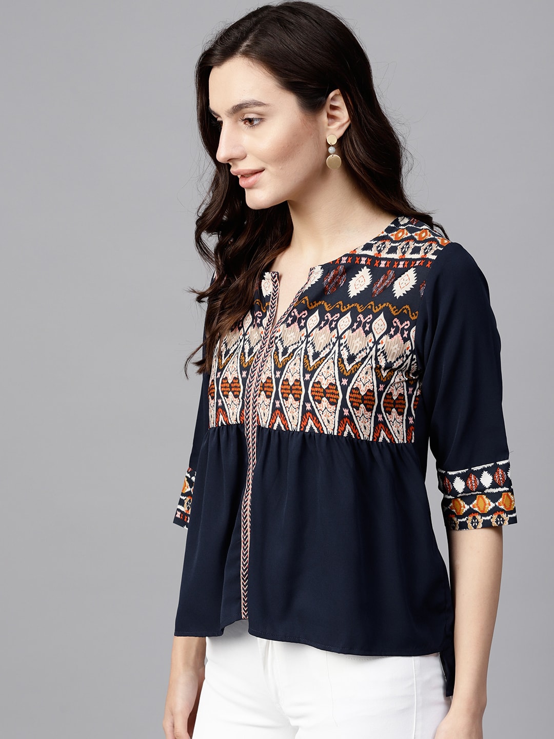 Navy Blue Printed Yoke Top