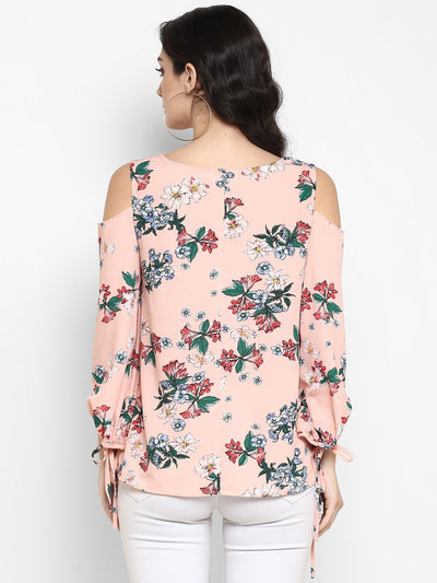 Peach Floral Cold Shoulder Top With Tie-up At Sleeves