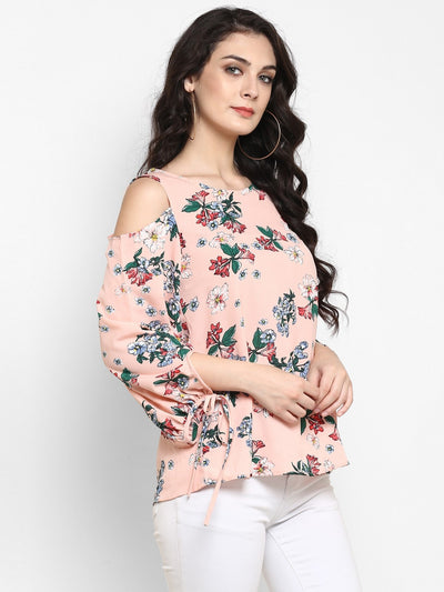 Peach Floral Cold Shoulder Top With Tie-up At Sleeves