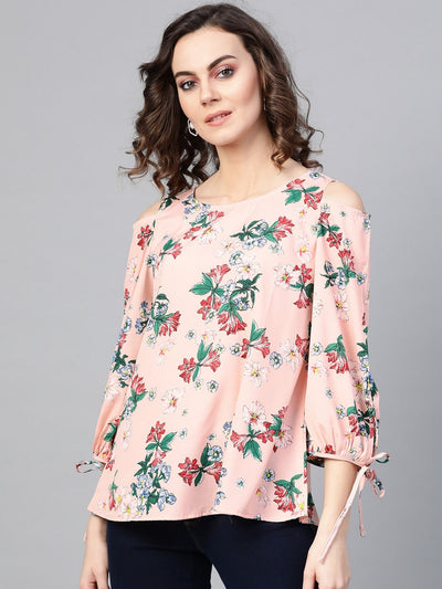 Peach Floral Cold Shoulder Top