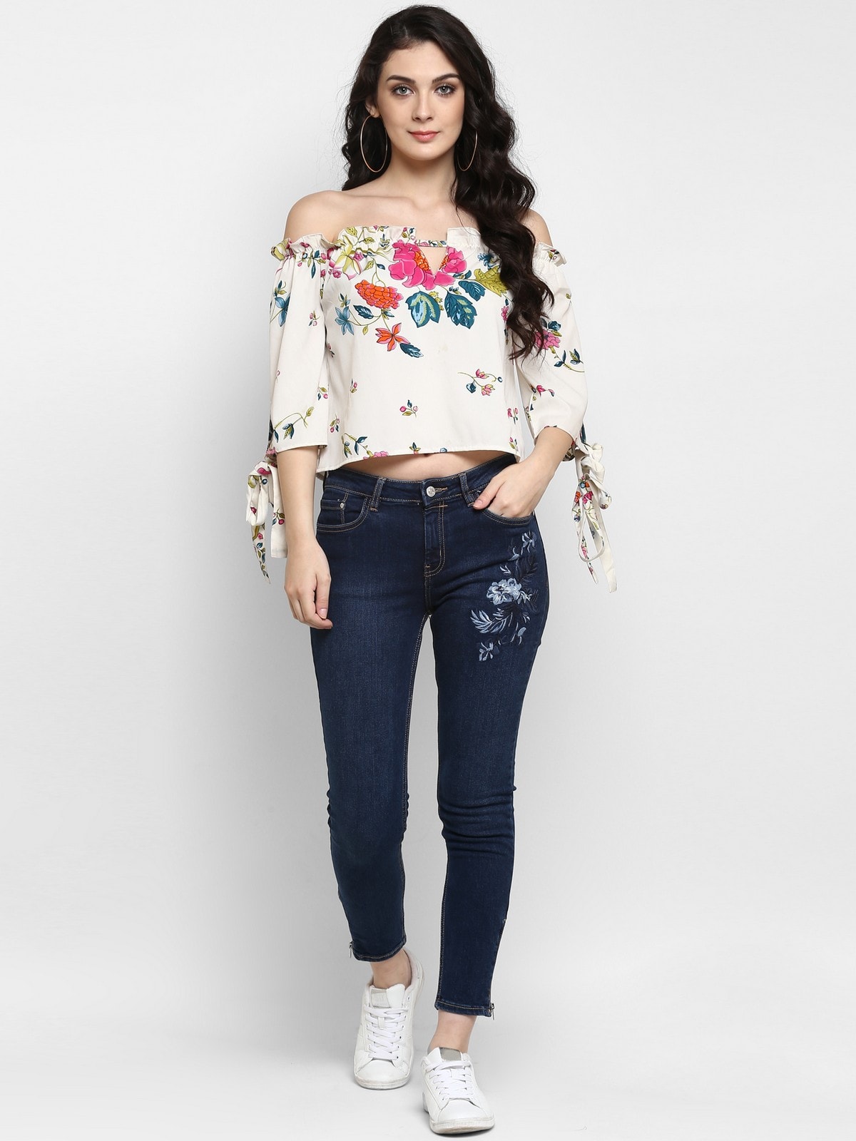 Pannkh Women's Floral Off-Shoulder Crop Top