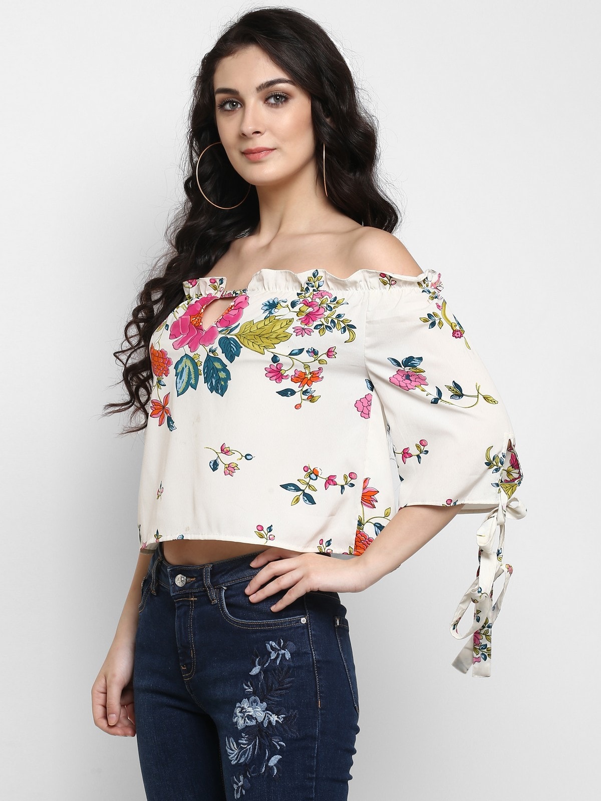 Pannkh Women's Floral Off-Shoulder Crop Top