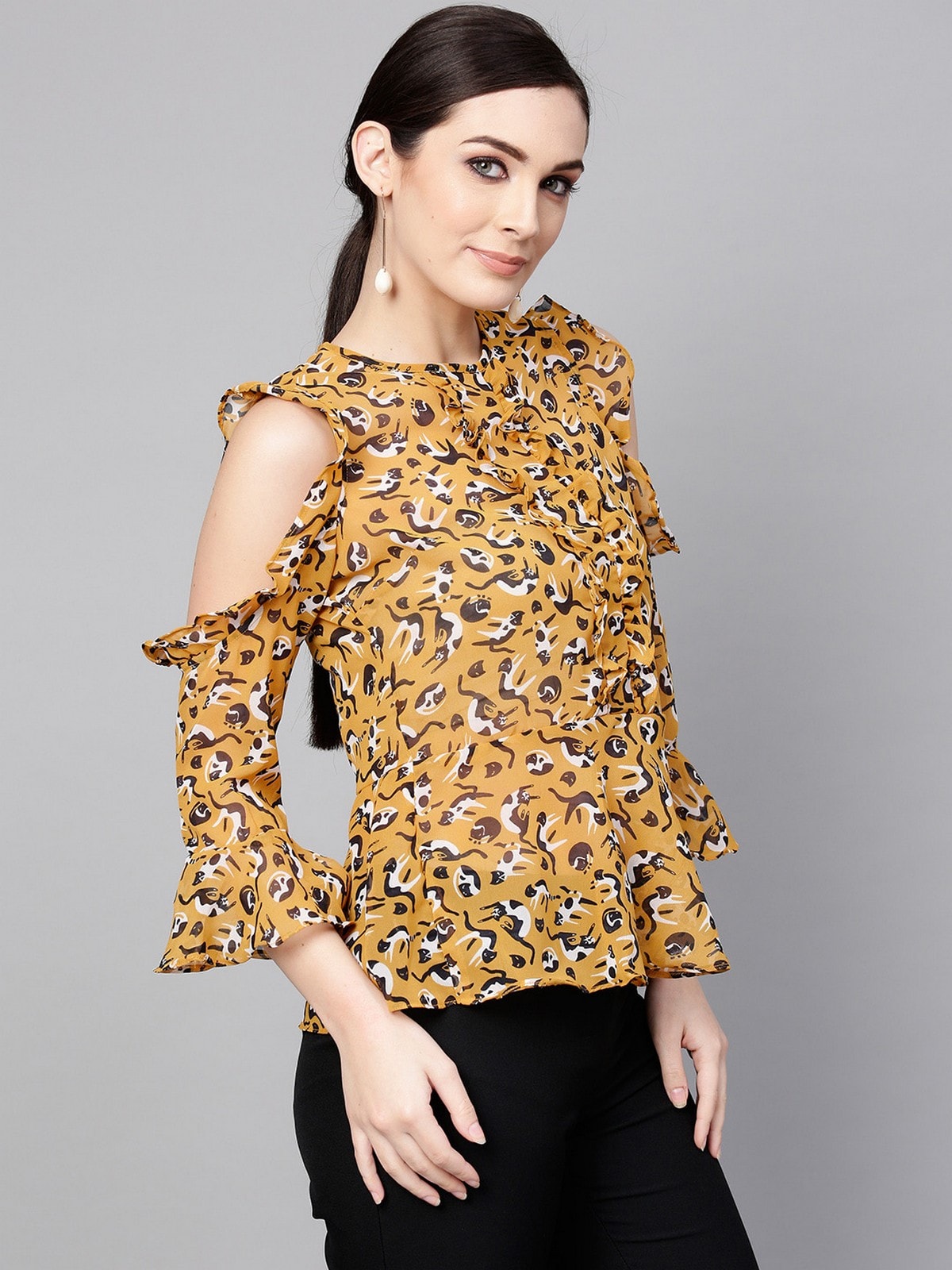 Cat Print Ruffled Top