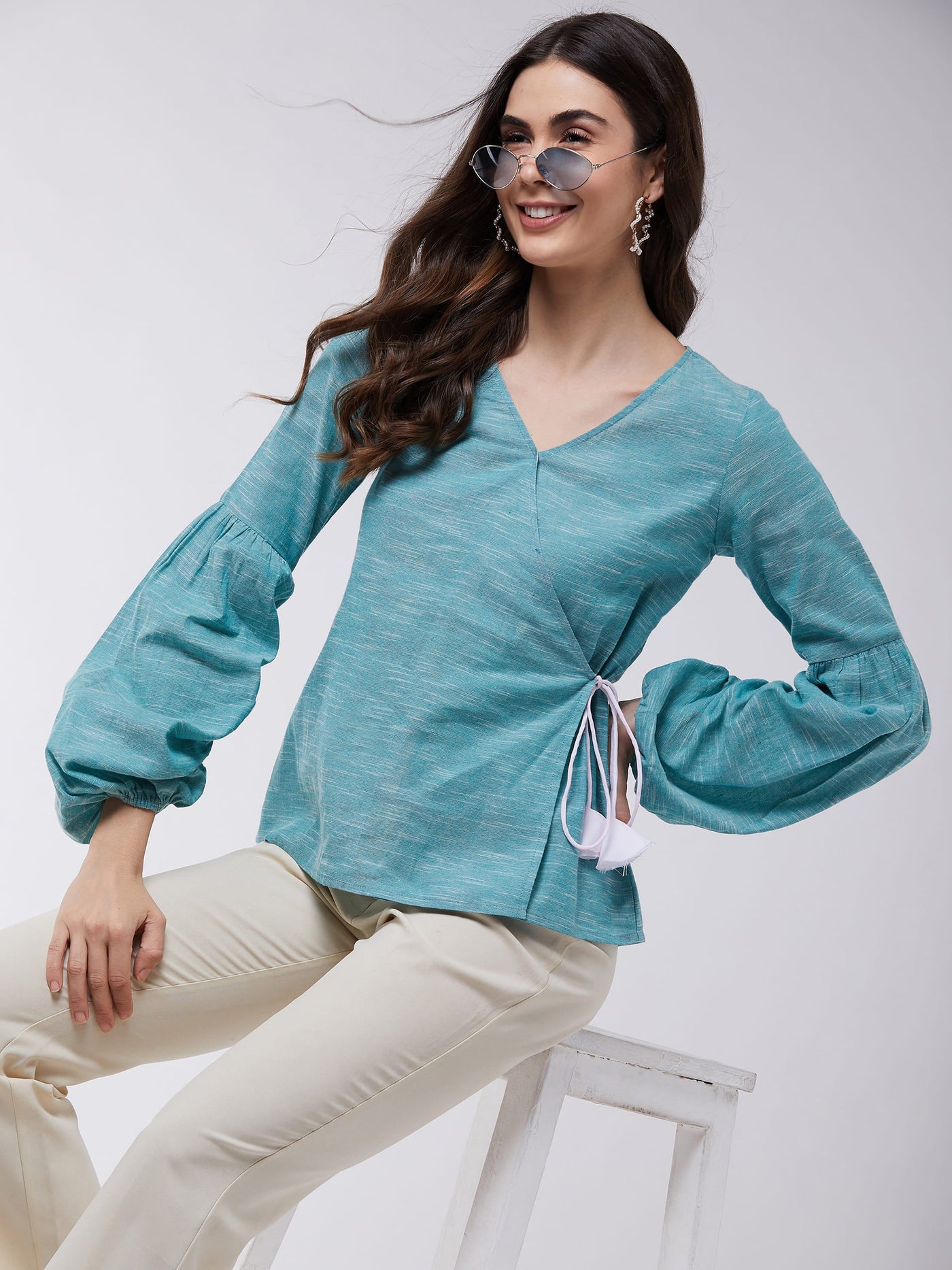 Angarkha Style Extended Puff Sleeve Chambray Top