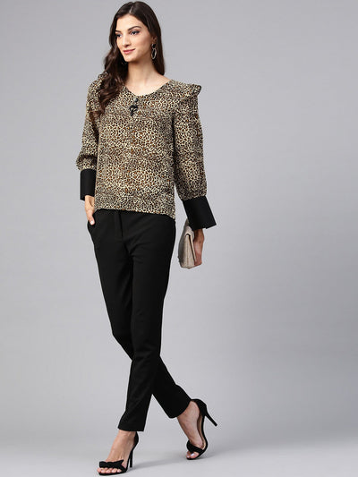 Brown Animal Print Top With Neck Brotch