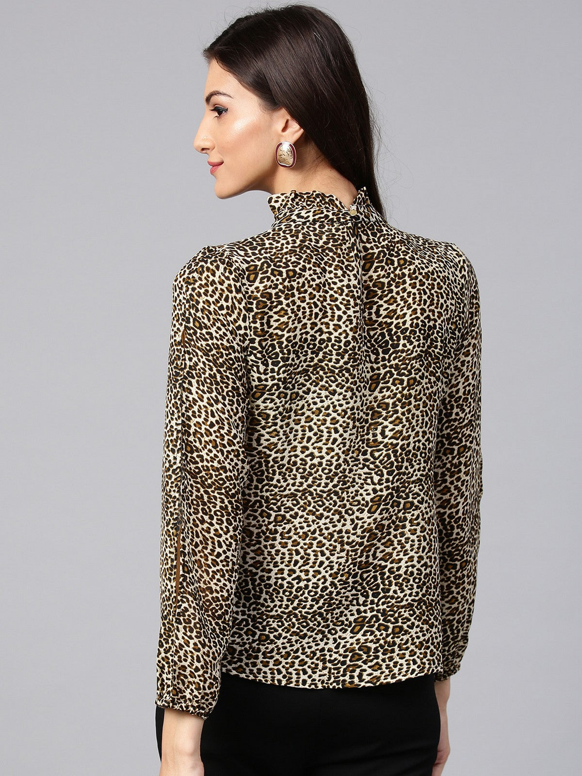 Animal Print Ruffle Neck Top