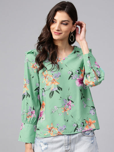 Green Floral Print Top With Shoulder Ruffles