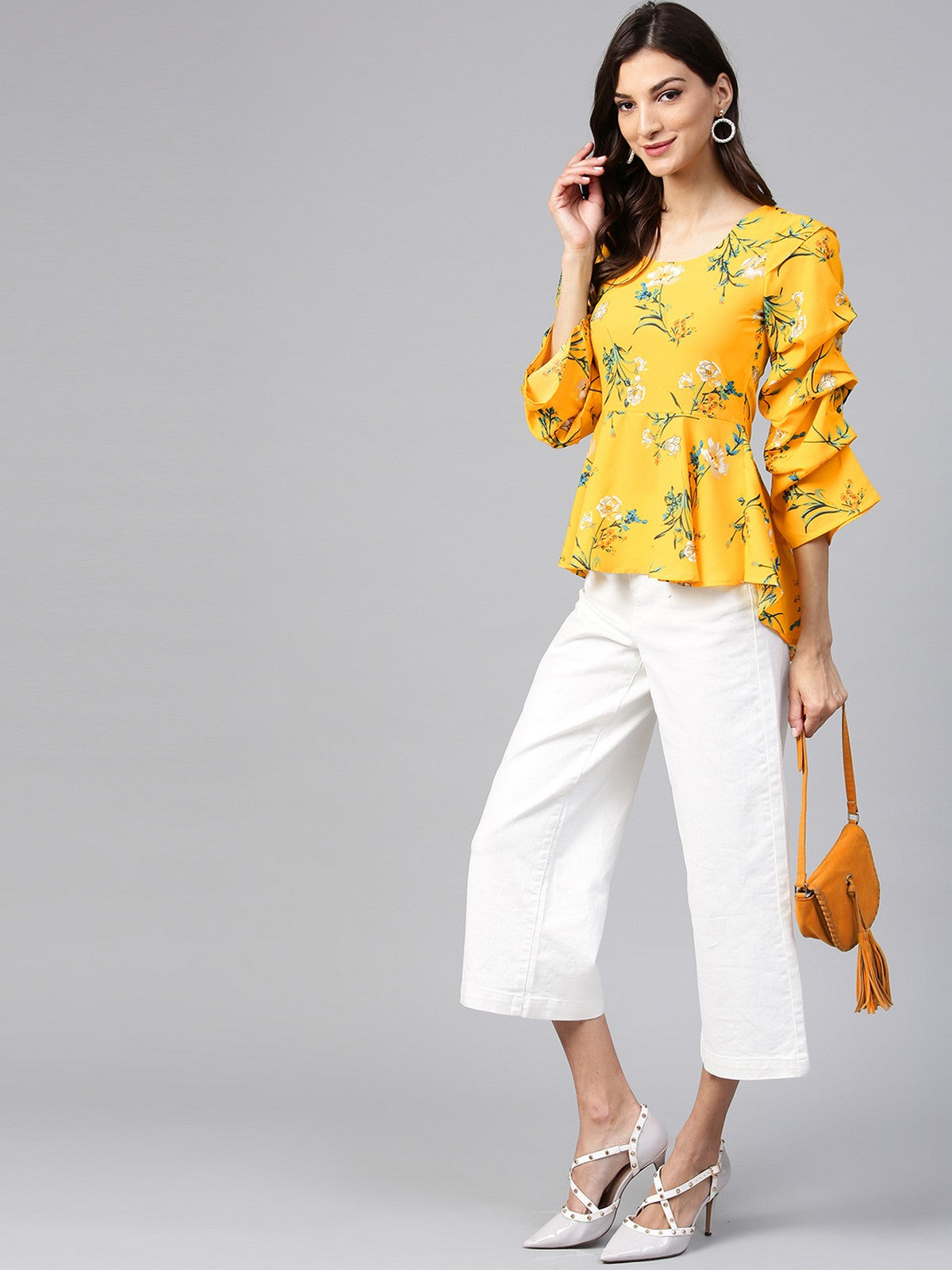 Yellow Floral Printed Peplum Top