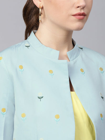 Pastel Solid Fake Pocket Embroidered Blazer