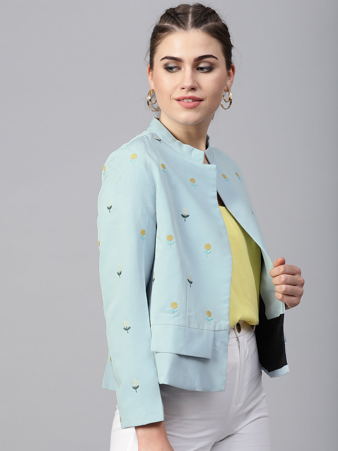 Pastel Solid Fake Pocket Embroidered Blazer