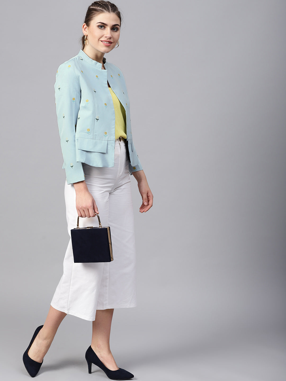 Pastel Solid Fake Pocket Embroidered Blazer