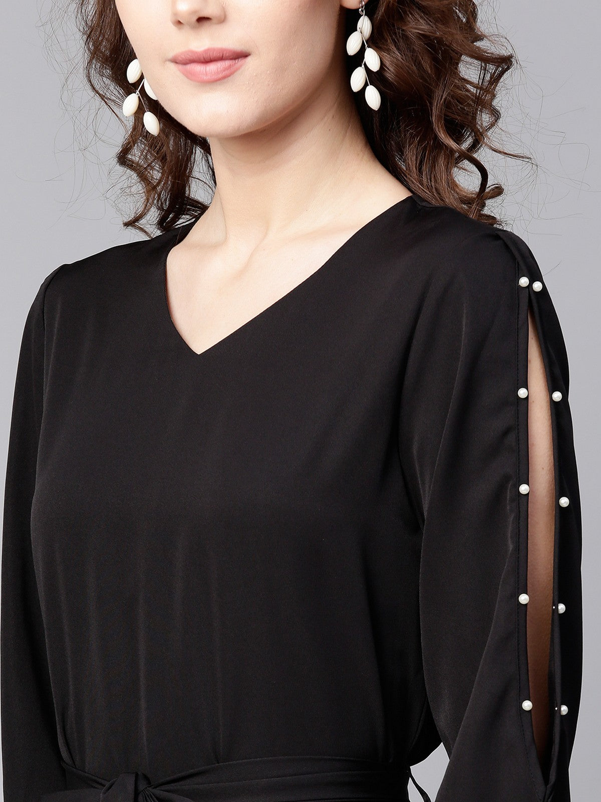 Pearl Slit Sleeves A-Line Dress