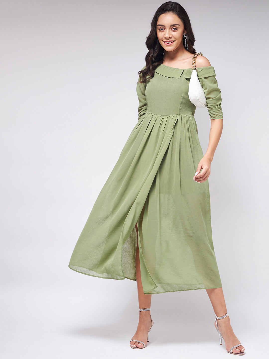 Flaunt Yourself In Stylish Shoulder Dress With Gathered Hemline