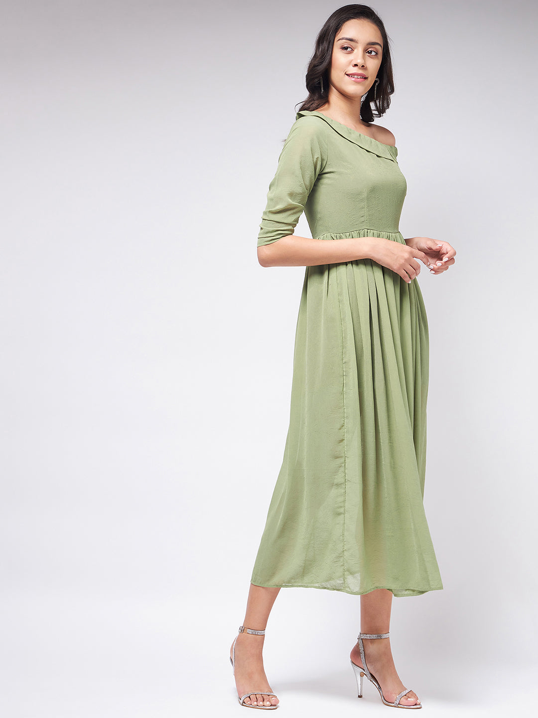 Flaunt Yourself In Stylish Shoulder Dress With Gathered Hemline