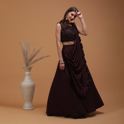 Poshek Luxe Burgundy Heavy Embroidered Blouse with Applique Drape Set