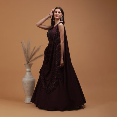 Poshek Luxe Burgundy Heavy Embroidered Blouse with Applique Drape Set