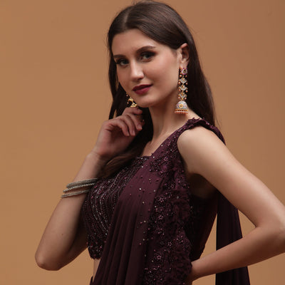 Poshek Luxe Burgundy Heavy Embroidered Blouse with Applique Drape Set