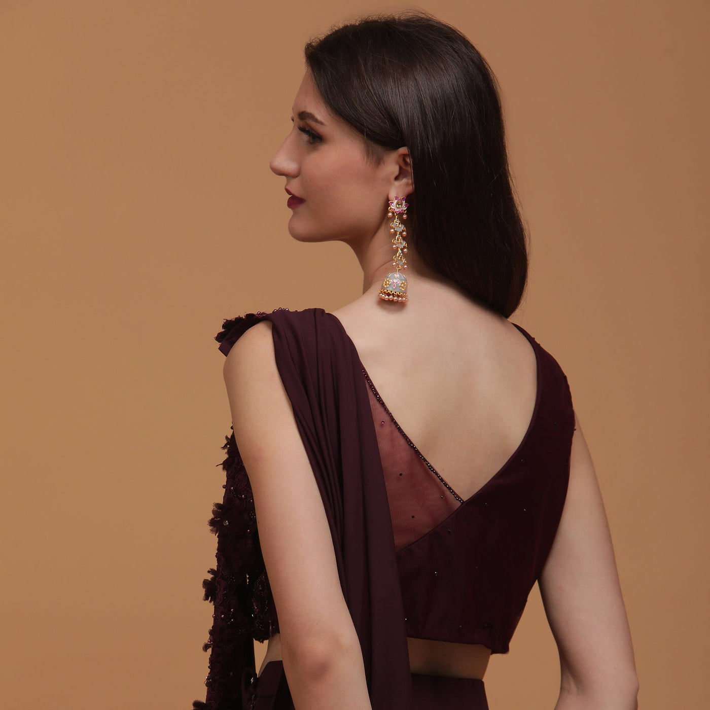 Poshek Luxe Burgundy Heavy Embroidered Blouse with Applique Drape Set