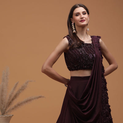 Poshek Luxe Burgundy Heavy Embroidered Blouse with Applique Drape Set