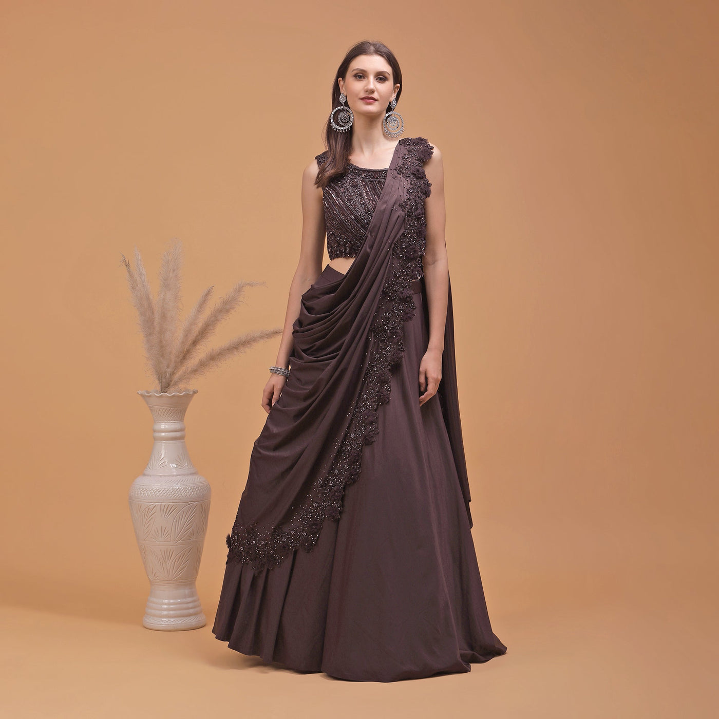 Poshek Luxe Hazel Heavy Embroidered Blouse with Applique Drape Set