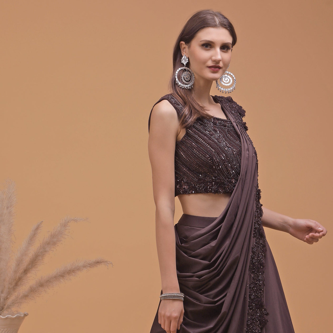 Poshek Luxe Hazel Heavy Embroidered Blouse with Applique Drape Set