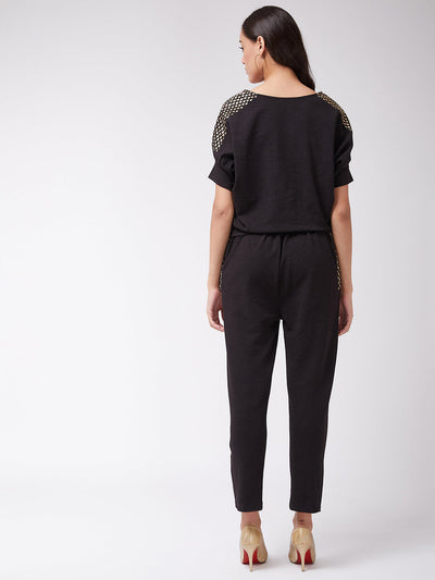 Solid Loose Top And Jogger Pants With Embellished Patch