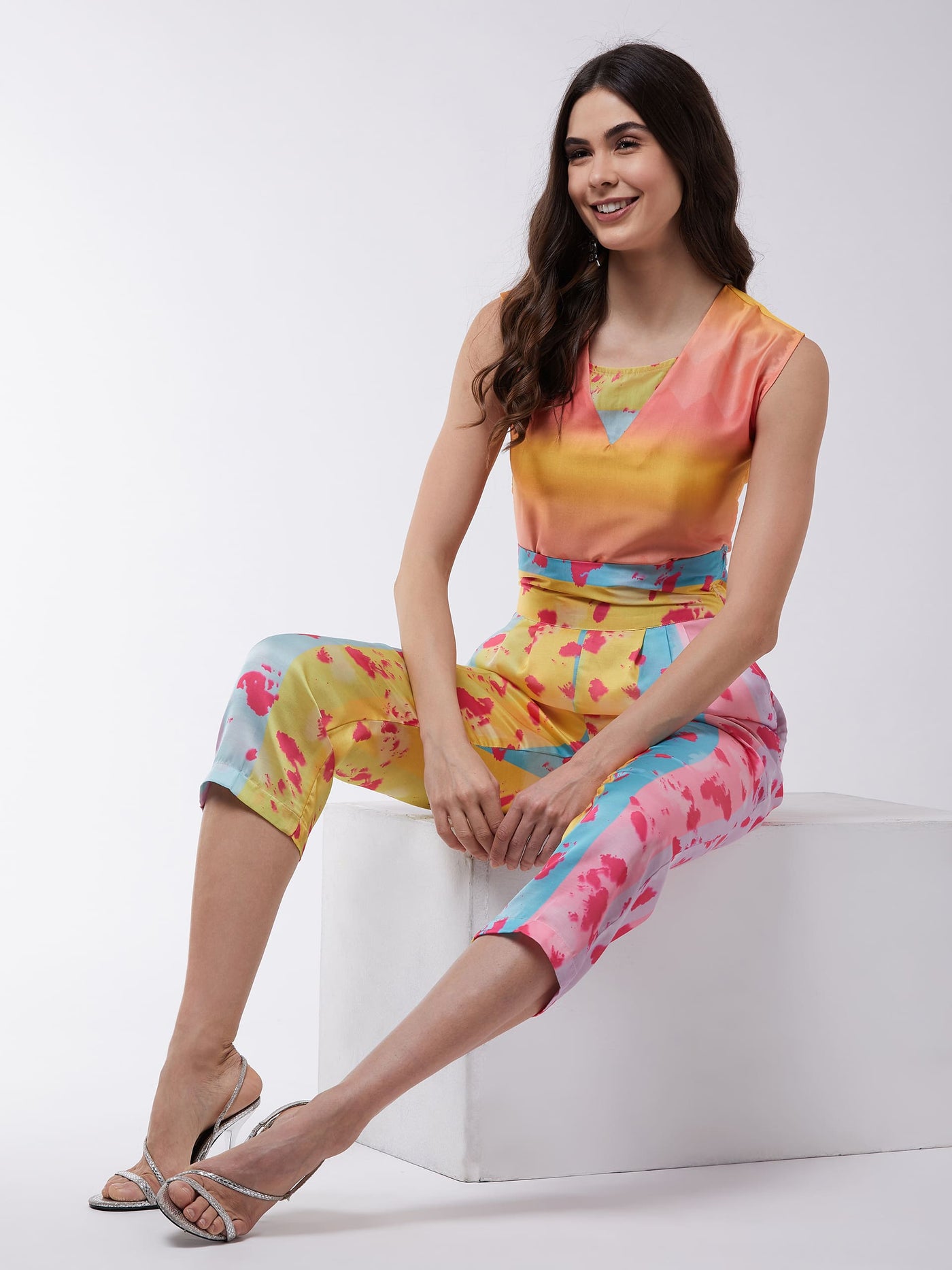 Candy Inspired Digital Printed Crop Top With High Waist Pleated Pants