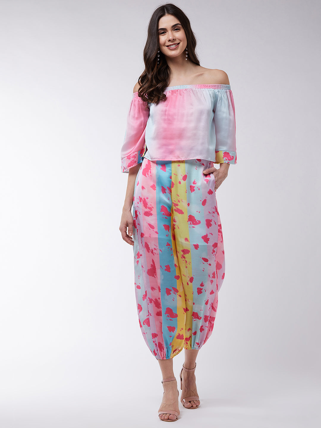 Candy Inspired Digital Printed Off-Shoulder Top With Baggy Pants