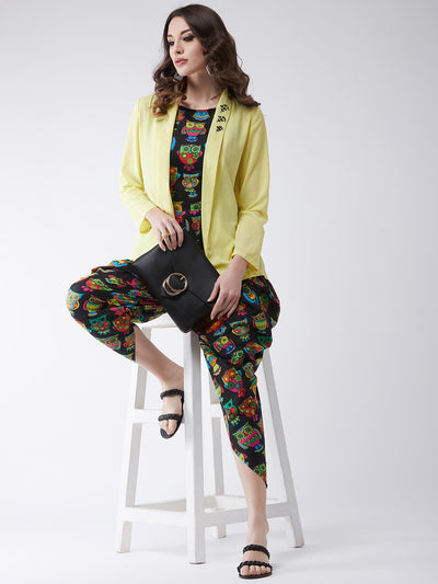 Quirky Owl Printed Jumpsuit with Embroidered Shrug