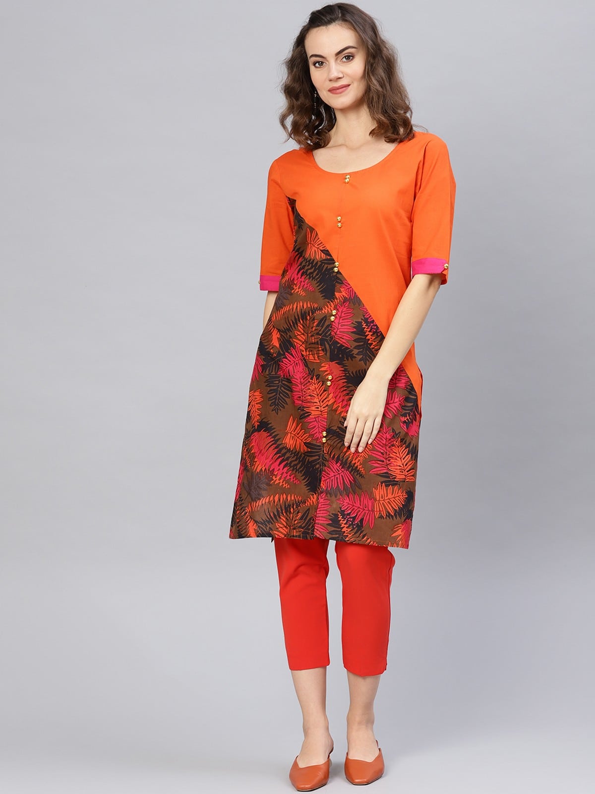 Orange Leaf Print Diagonal Cut Kurta