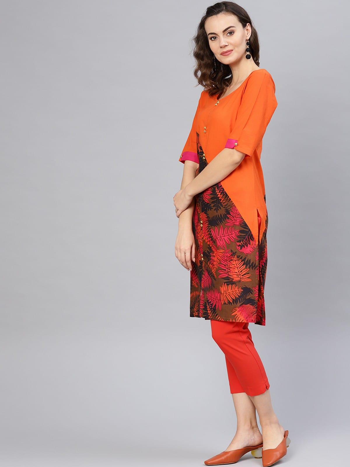 Orange Leaf Print Diagonal Cut Kurta