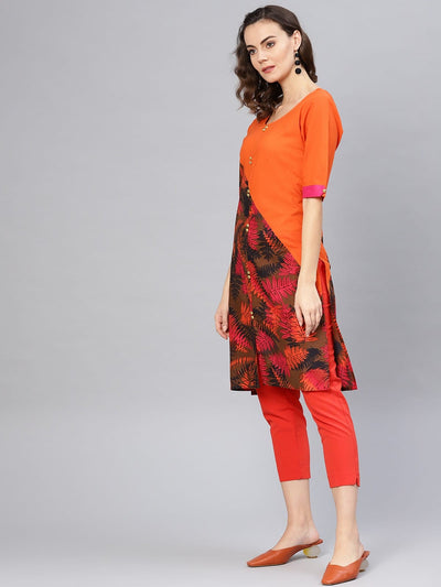 Orange Leaf Print Diagonal Cut Kurta