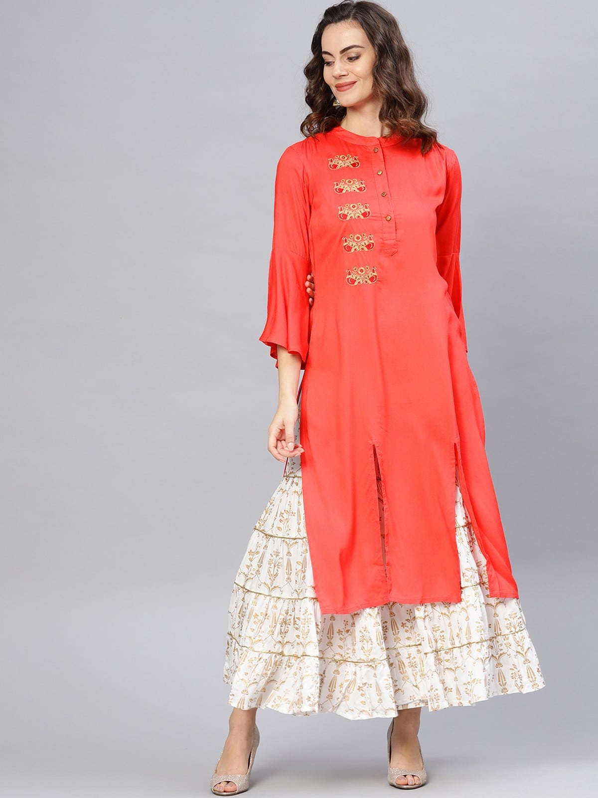 Red Embroidered Bell Sleeves Straight Kurta