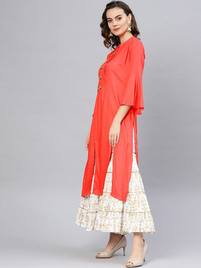 Red Embroidered Bell Sleeves Straight Kurta