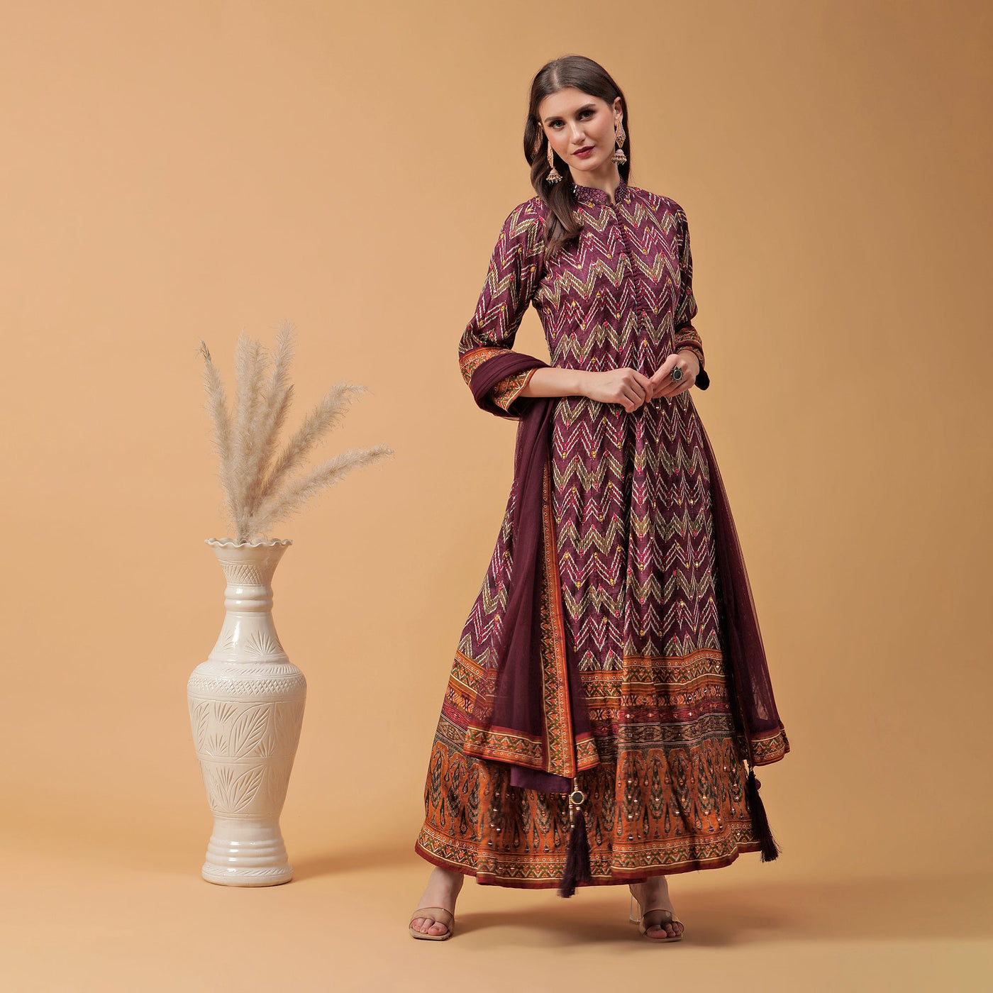 Poshek Luxe Purple All Over Printed Anarkali with Dupatta Set