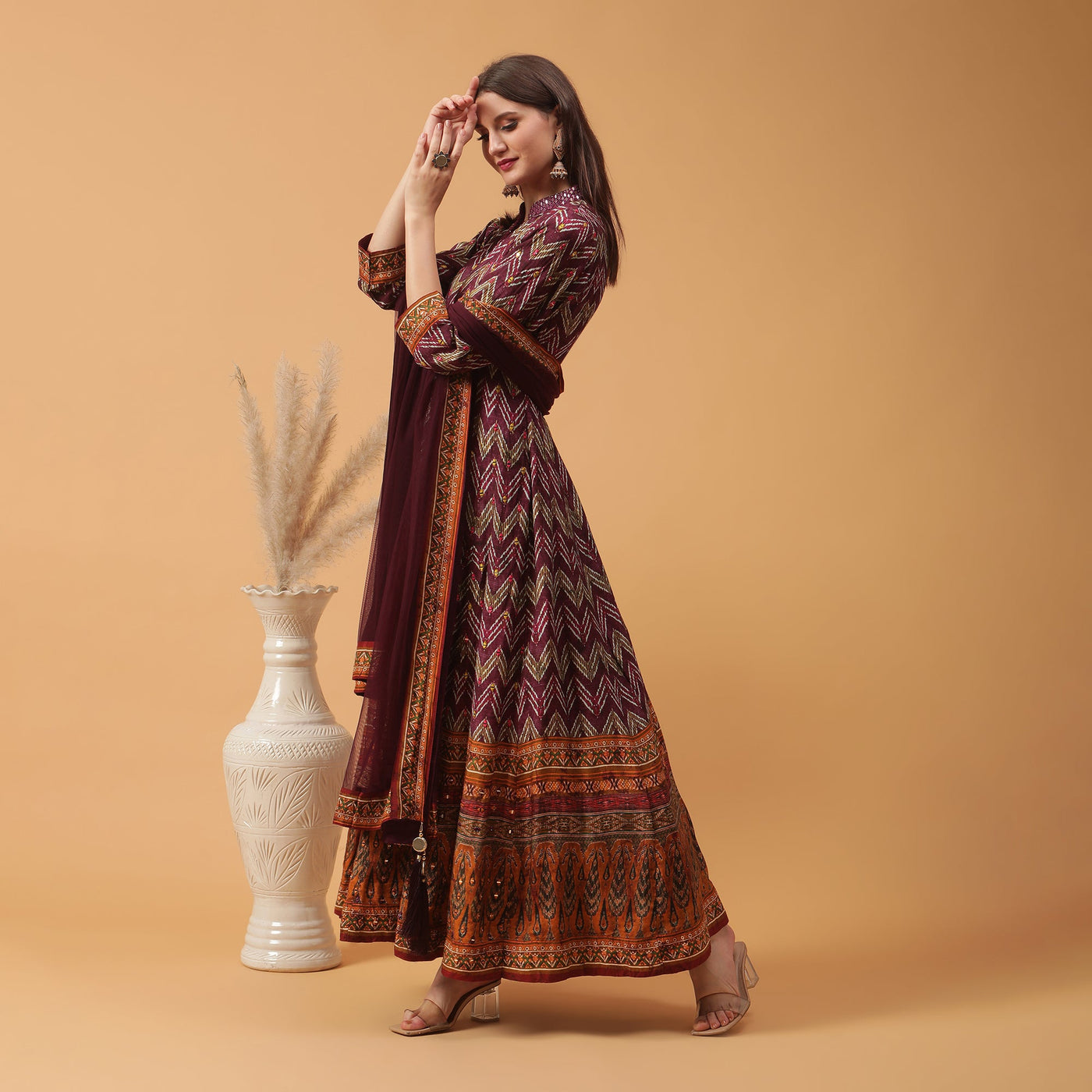 Poshek Luxe Purple All Over Printed Anarkali with Dupatta Set