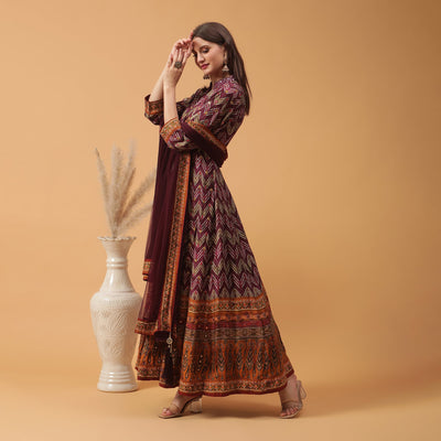 Poshek Luxe Purple All Over Printed Anarkali with Dupatta Set