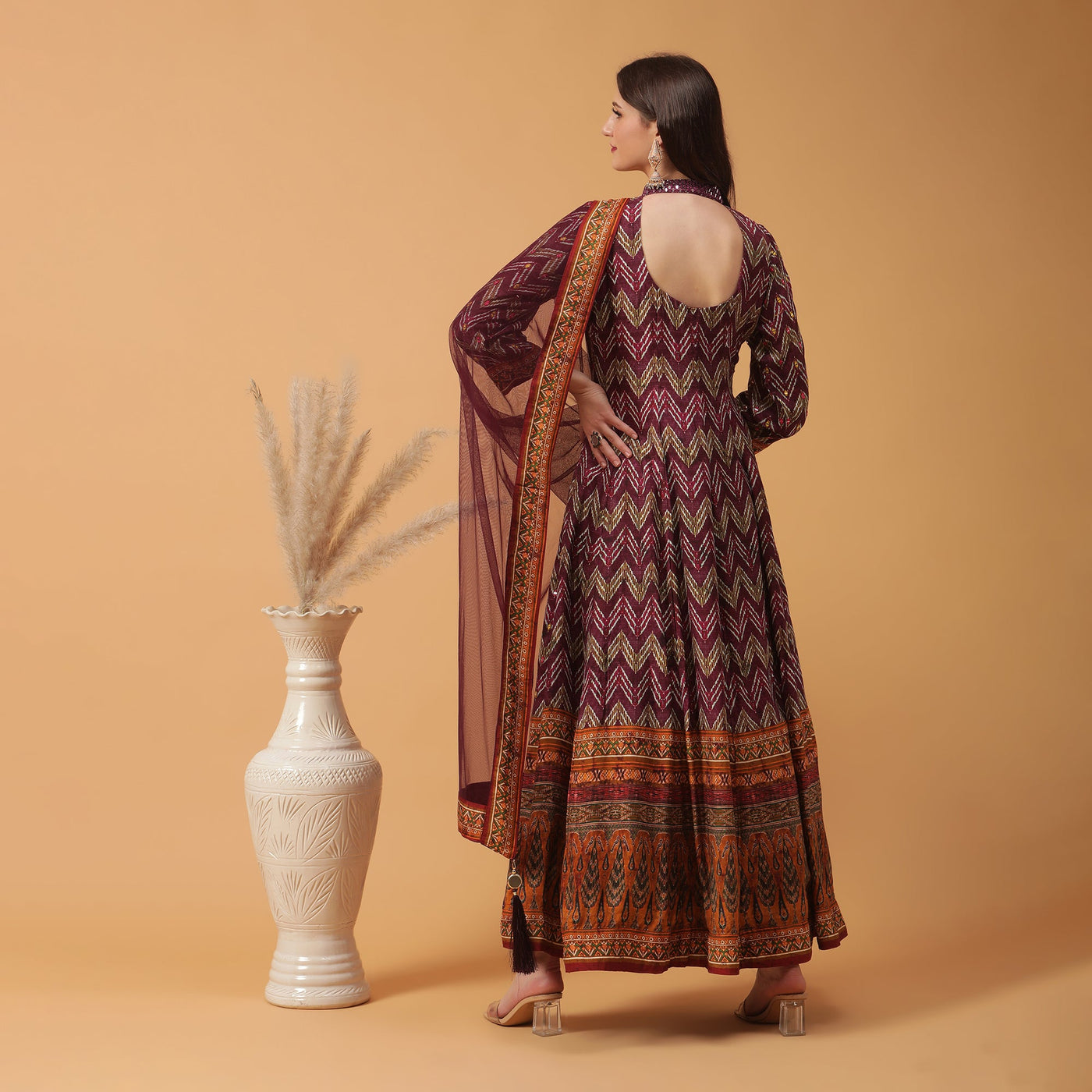 Poshek Luxe Purple All Over Printed Anarkali with Dupatta Set